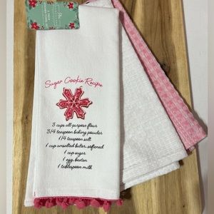 NEW Set of 3 Christmas Dish Towels Sugar Cookies Recipe Pink Cotton